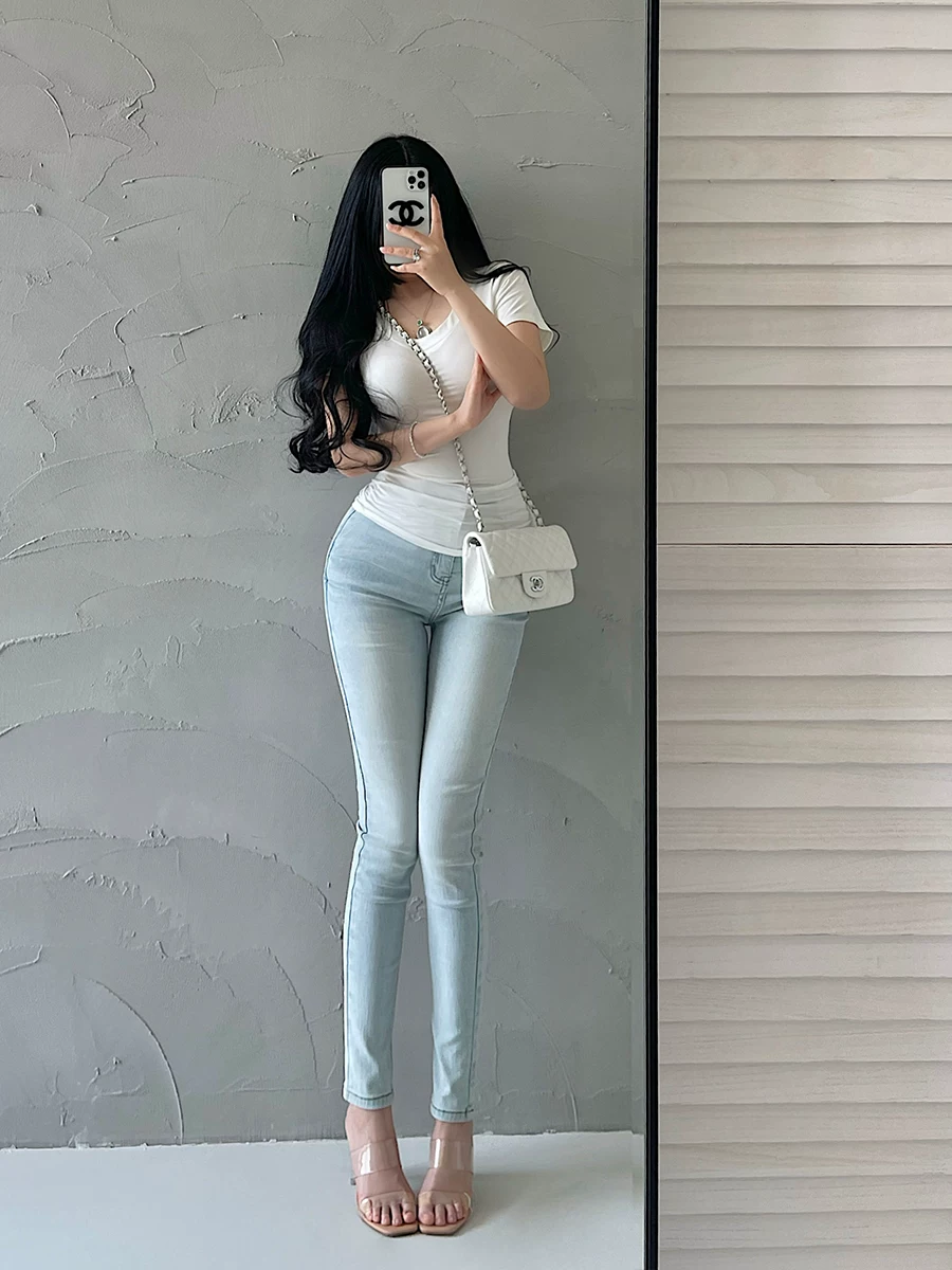 YoungGirlDay Quần jean skinny cạp cao kiểu Hàn Quốc, co giãn, nâng mông, tôn dáng