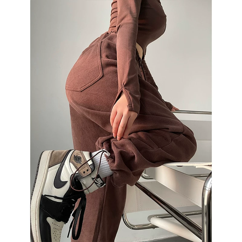 YoungGirlDay Phong cách đường phố châu Âu và Mỹ màu trơn cạp cao dáng rộng dây rút quần jogger quần thể thao thông thường