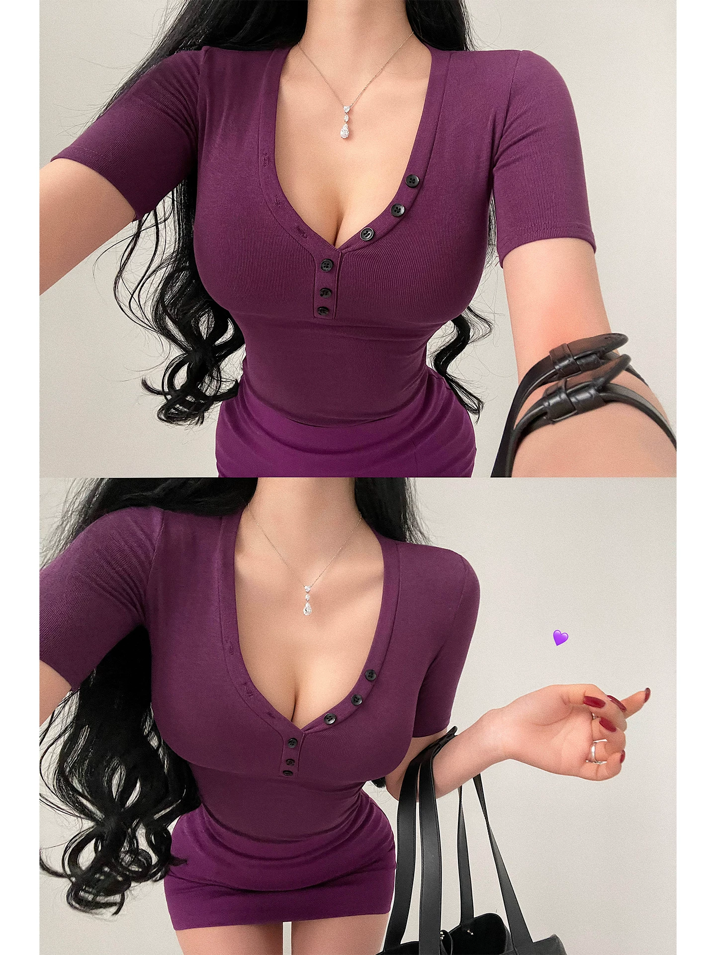 YoungGirlDay Pure Desire hot girl gợi cảm cổ chữ V một hàng khuy ôm vừa vặn co giãn đa năng áo thun ngắn tay