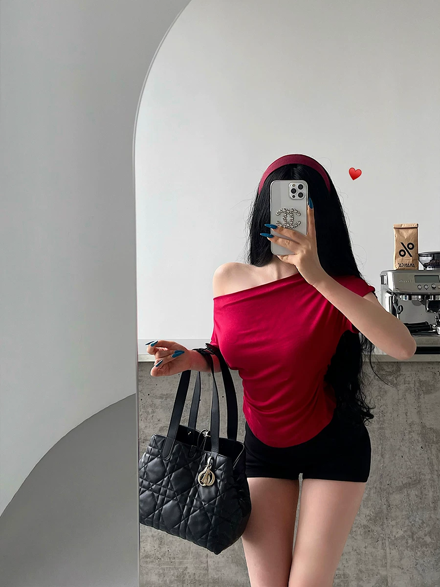 YoungGirlDay Pure Desire Style Áo thun trễ vai gợi cảm Slim Fit Ruched eo ngắn tay áo thun hàng đầu