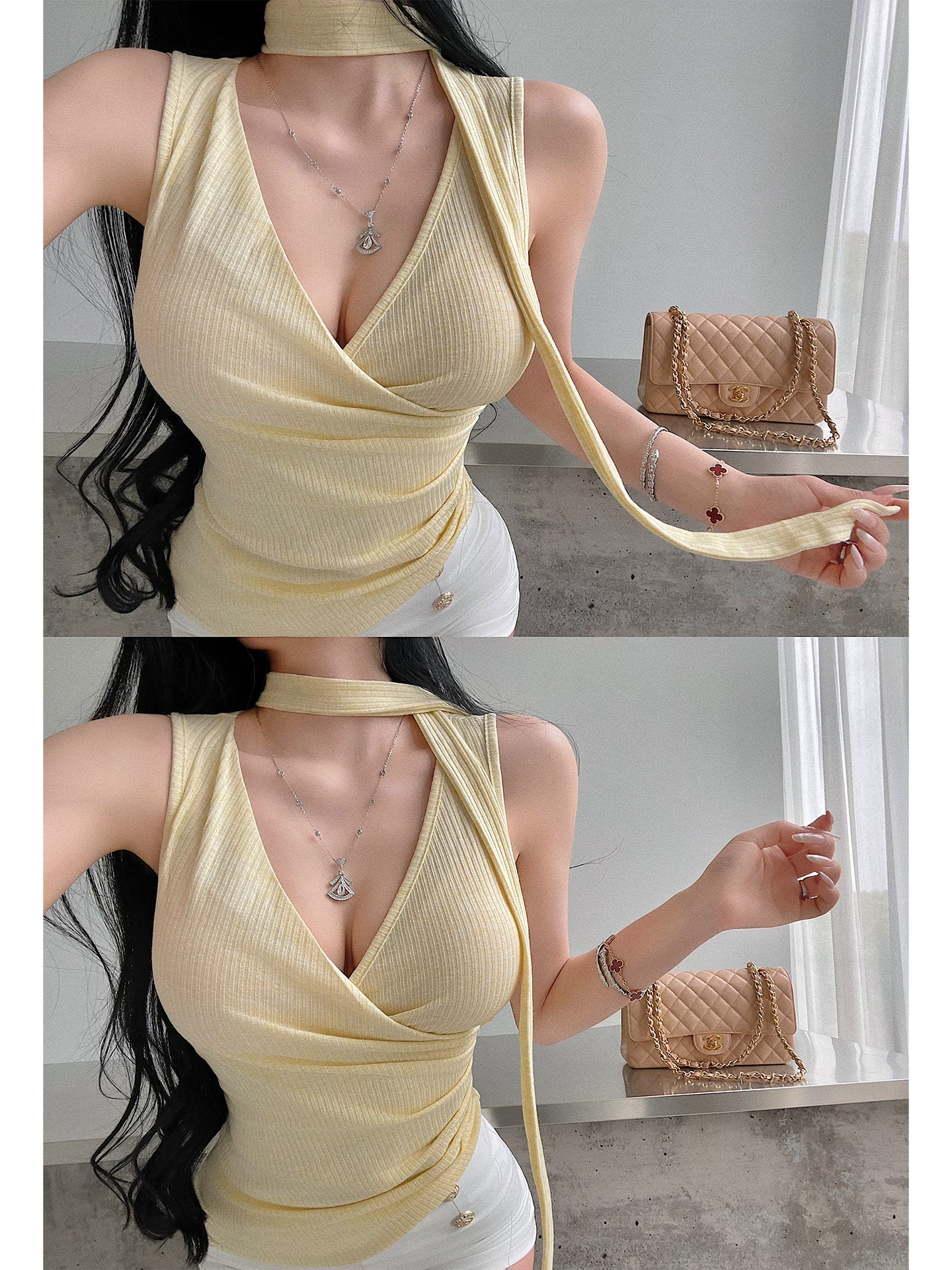 YoungGirlDay Pure Desire Gợi cảm cổ chữ V có dây buộc cổ, dáng ôm vừa vặn, eo xếp nếp, áo vest