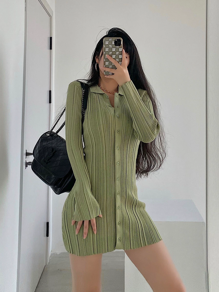 YoungGirlDay Váy ngắn ôm sát cơ thể, kiểu dáng châu Âu và Mỹ gợi cảm, ôm sát cơ thể, có ve áo, tay áo dài, kiểu dáng châu Âu và Mỹ