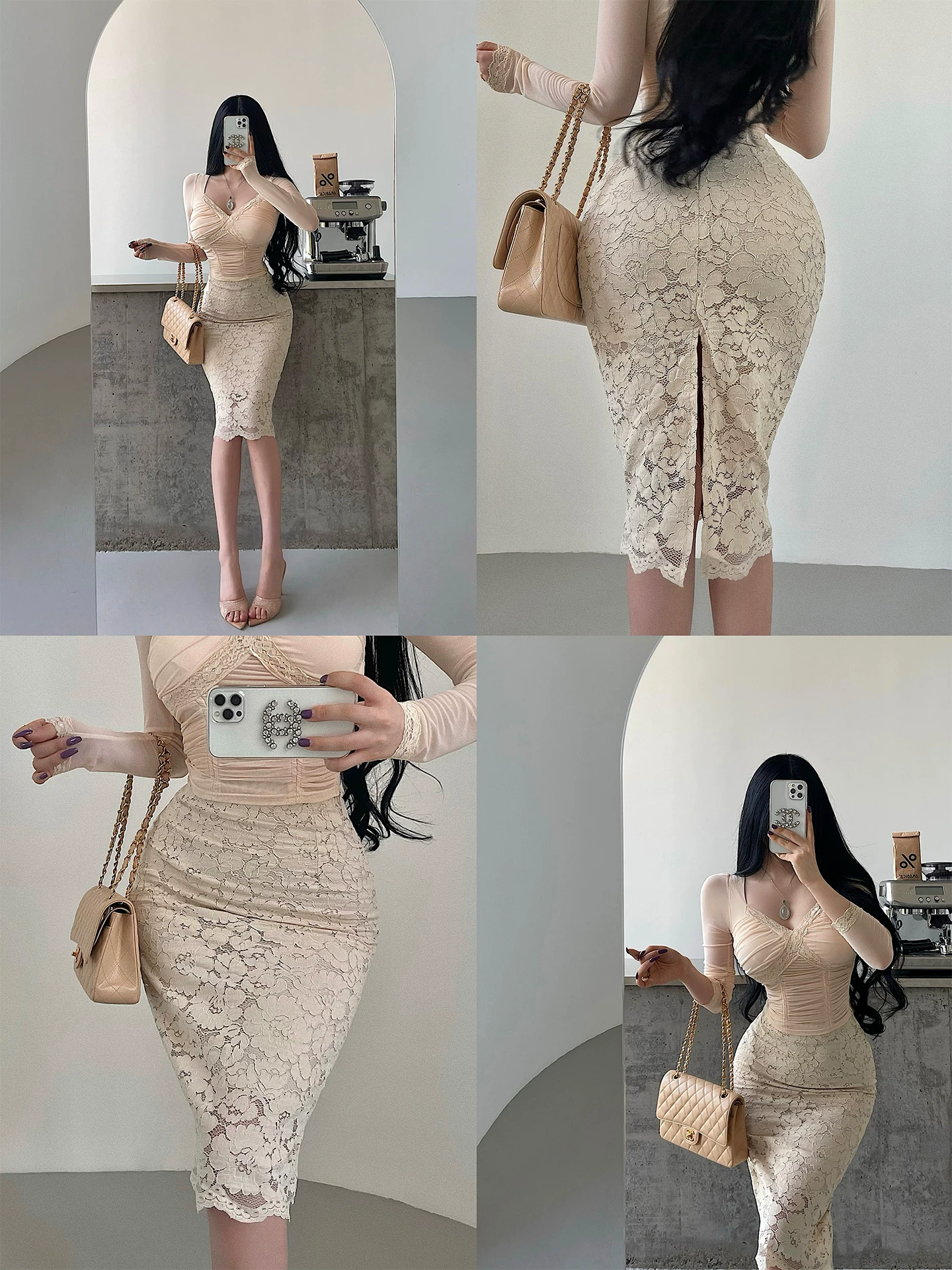 YoungGirlDay Jiangnan Beauty Pure Desire Style Váy ren xẻ lưng eo cao kiểu dáng Bodycon dài vừa phải.