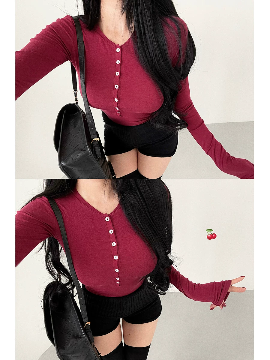Áo thun cơ bản YoungGirlDay cổ tròn, một hàng khuy, co giãn, ôm sát, dài tay