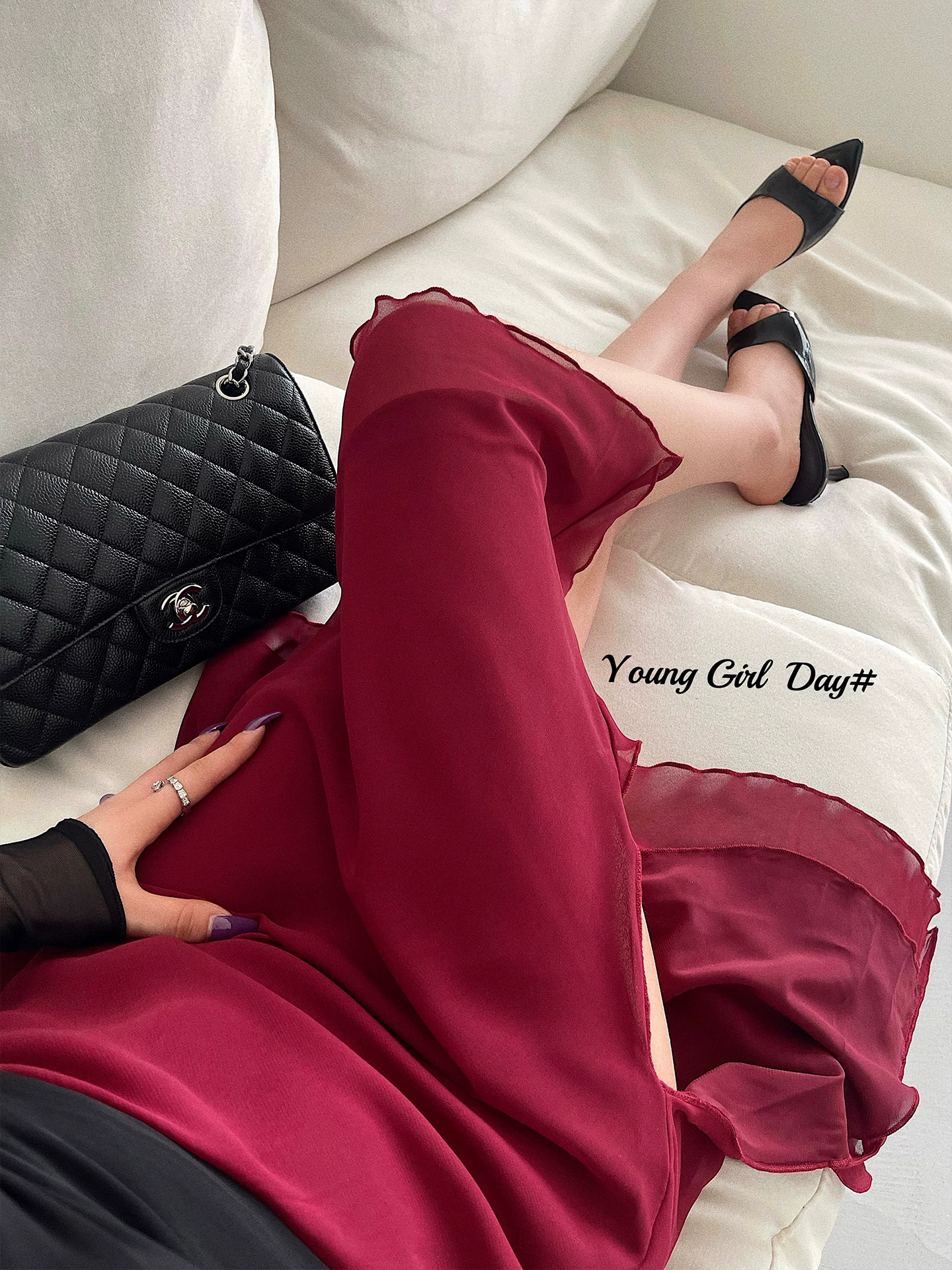 YoungGirlDay váy bodycon dài vừa phải, chất liệu lưới, xẻ cao, tôn dáng gợi cảm và quyến rũ