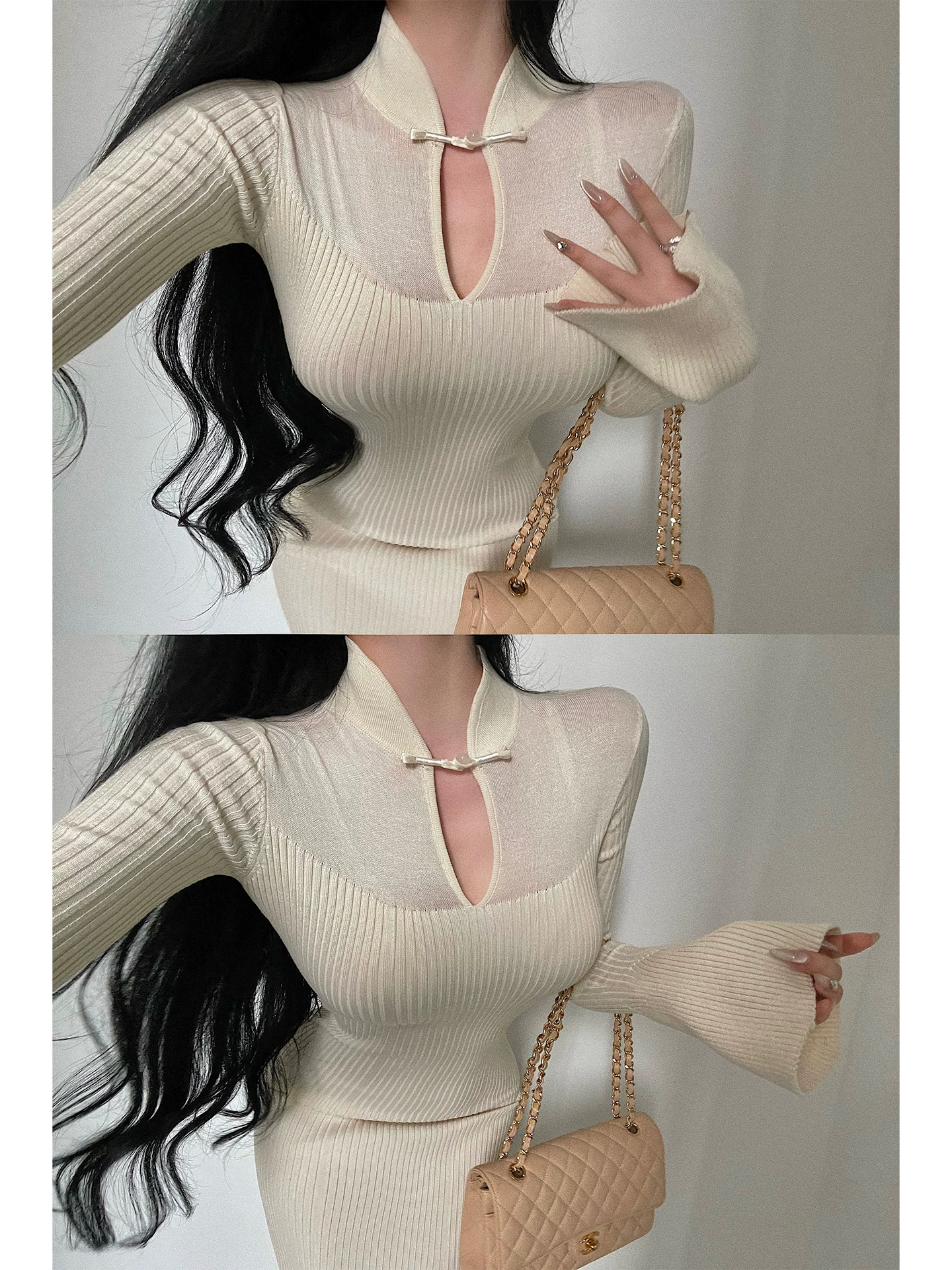 YoungGirlDay kiểu Trung Quốc mới, cổ đứng, cài cúc, tay loe, kiểu qipao, đầm dài đuôi cá dệt kim ôm sát.
