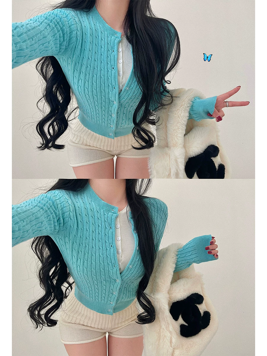 Áo cardigan len dệt kim dáng ôm, cổ tròn, một hàng khuy, phong cách trẻ trung, gợi cảm dành cho nữ.