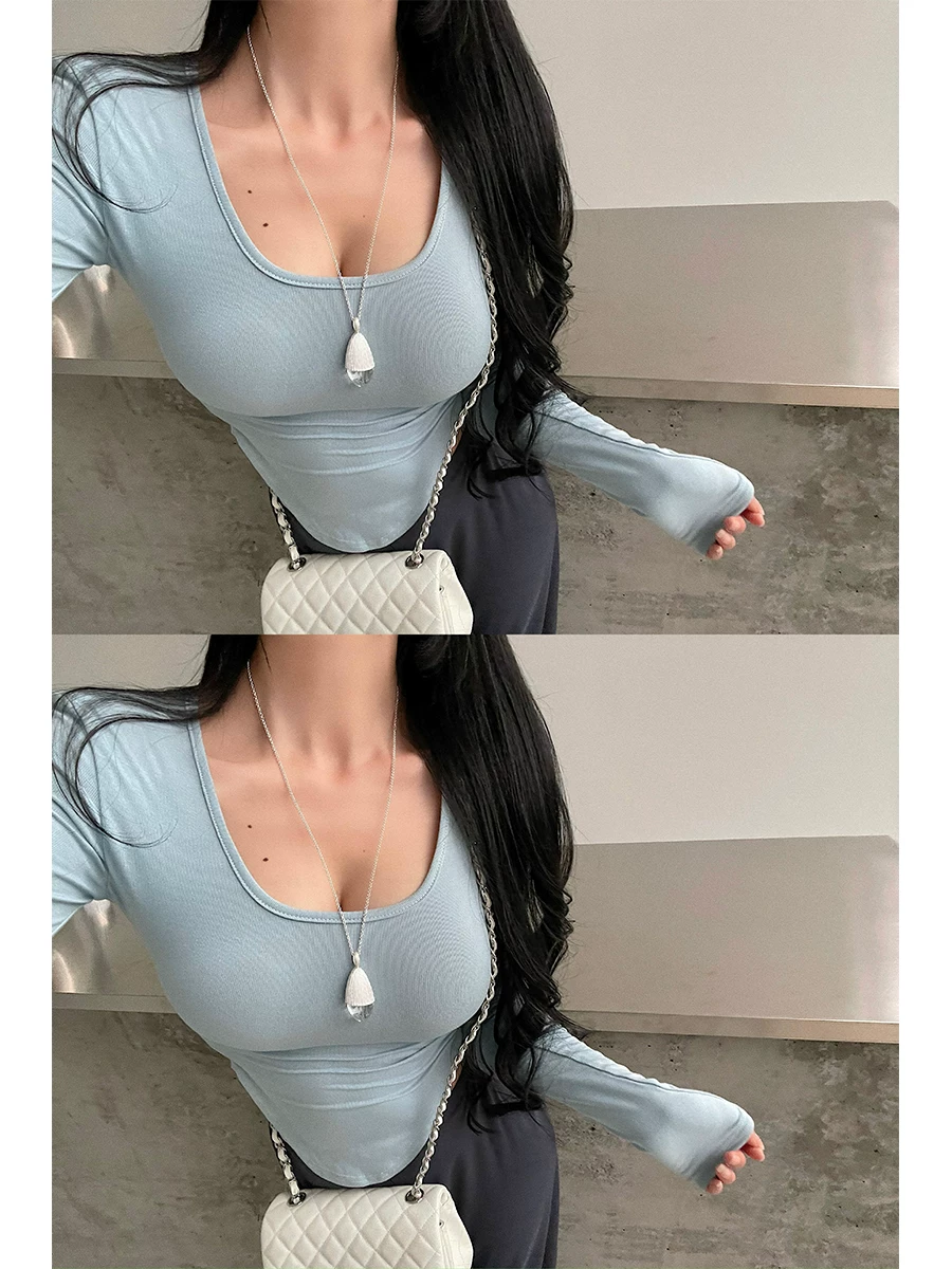 Áo thun cơ bản YoungGirlDay kiểu dáng cơ bản, ôm sát, vạt cong, ôm eo, tay dài