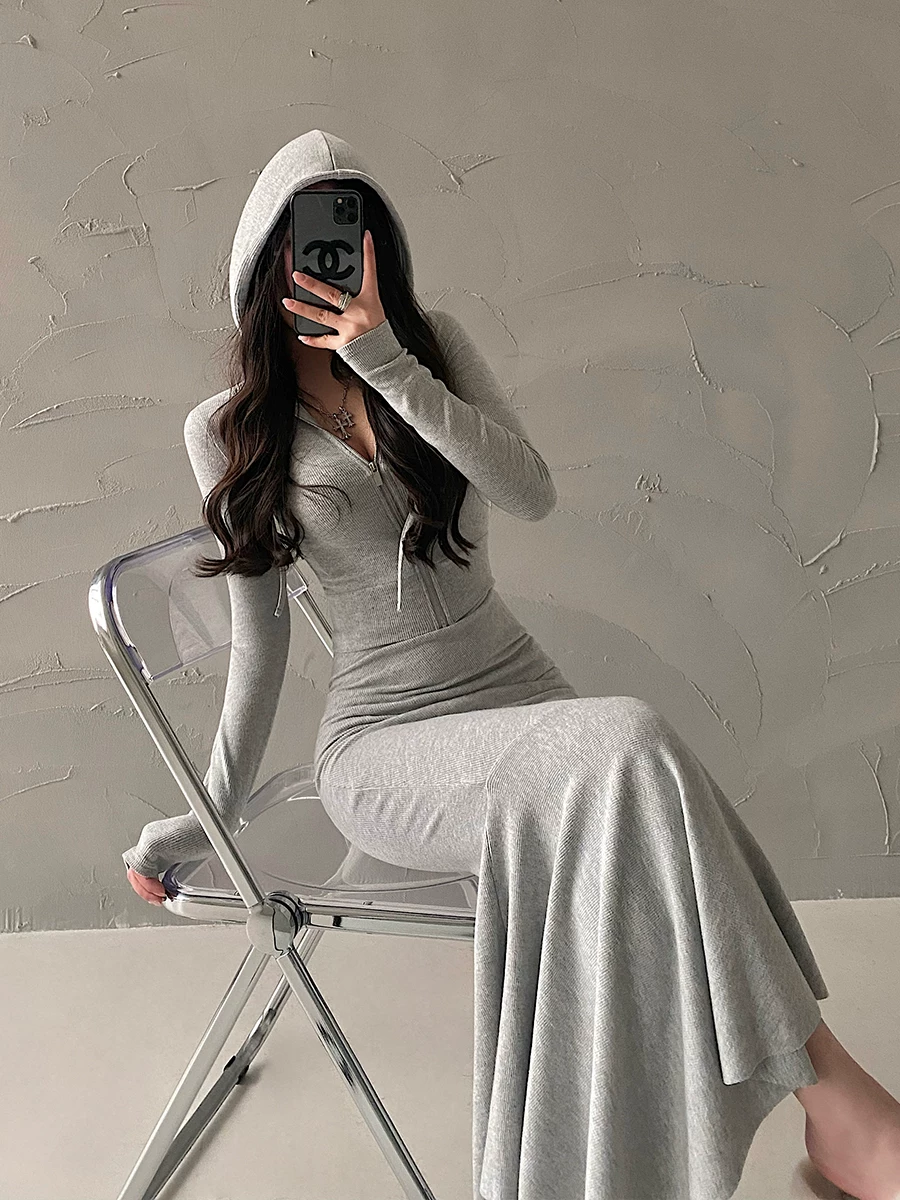 YoungGirlDay pure Desire sexy áo cardigan có mũ trùm đầu có khóa kéo, bộ váy đuôi cá cạp cao không đều ôm hông