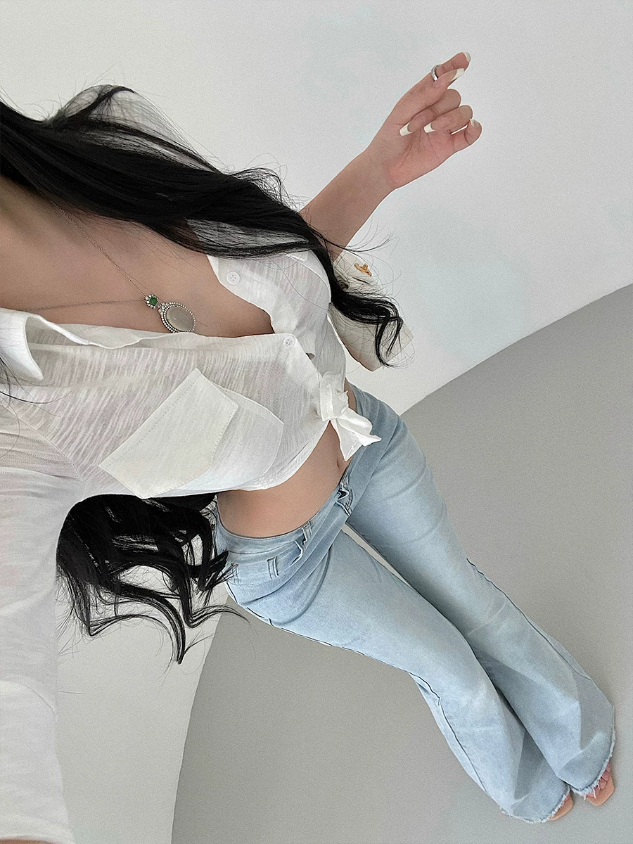 YoungGirlDay Áo crop top ngắn có cổ, thắt eo, tay áo ba phần tư, phong cách Hàn Quốc thuần khiết gợi cảm.