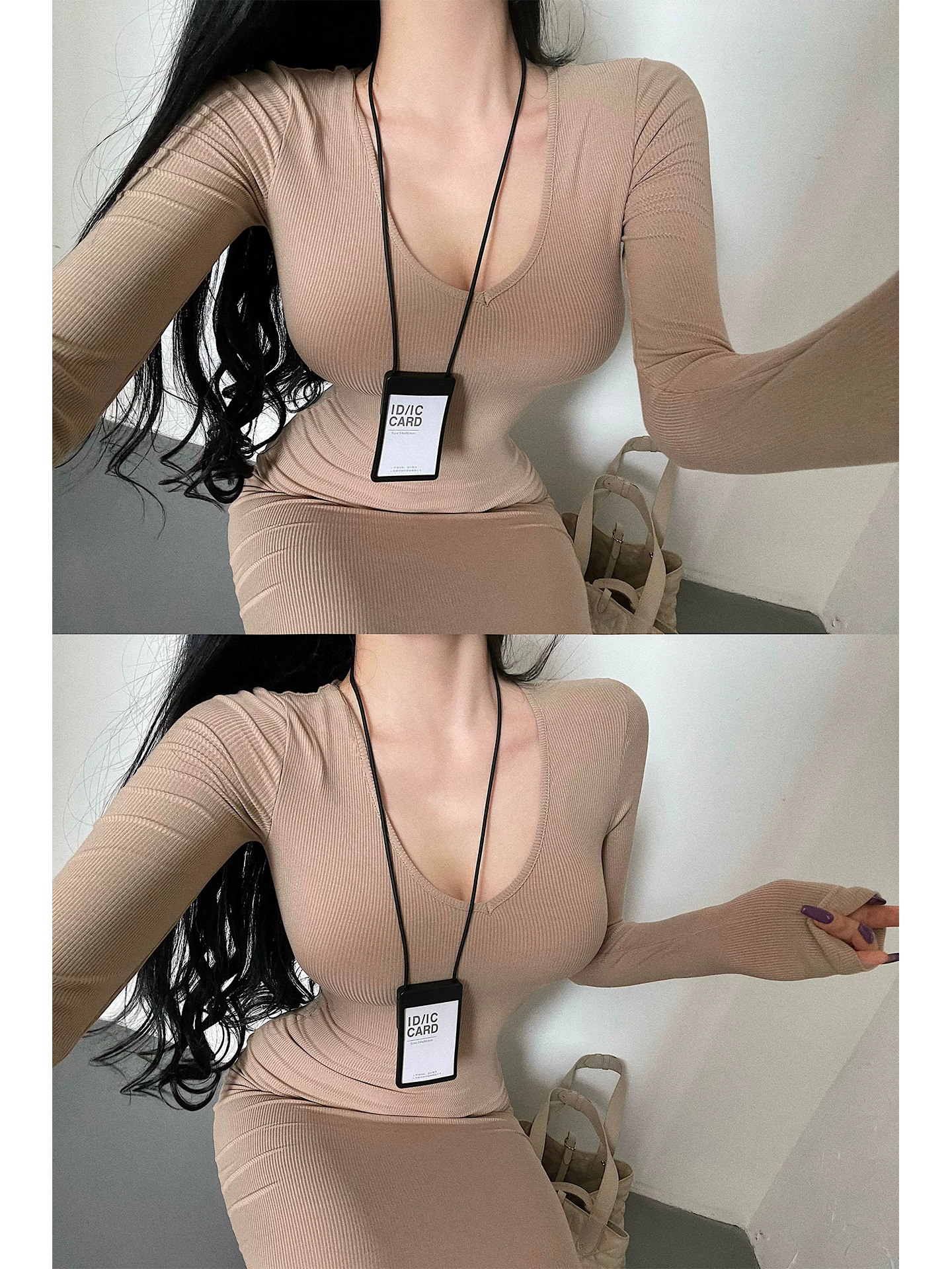 YoungGirlDay Kardashian Váy ôm sát eo dài tay, cổ chữ V gợi cảm, ôm sát eo.