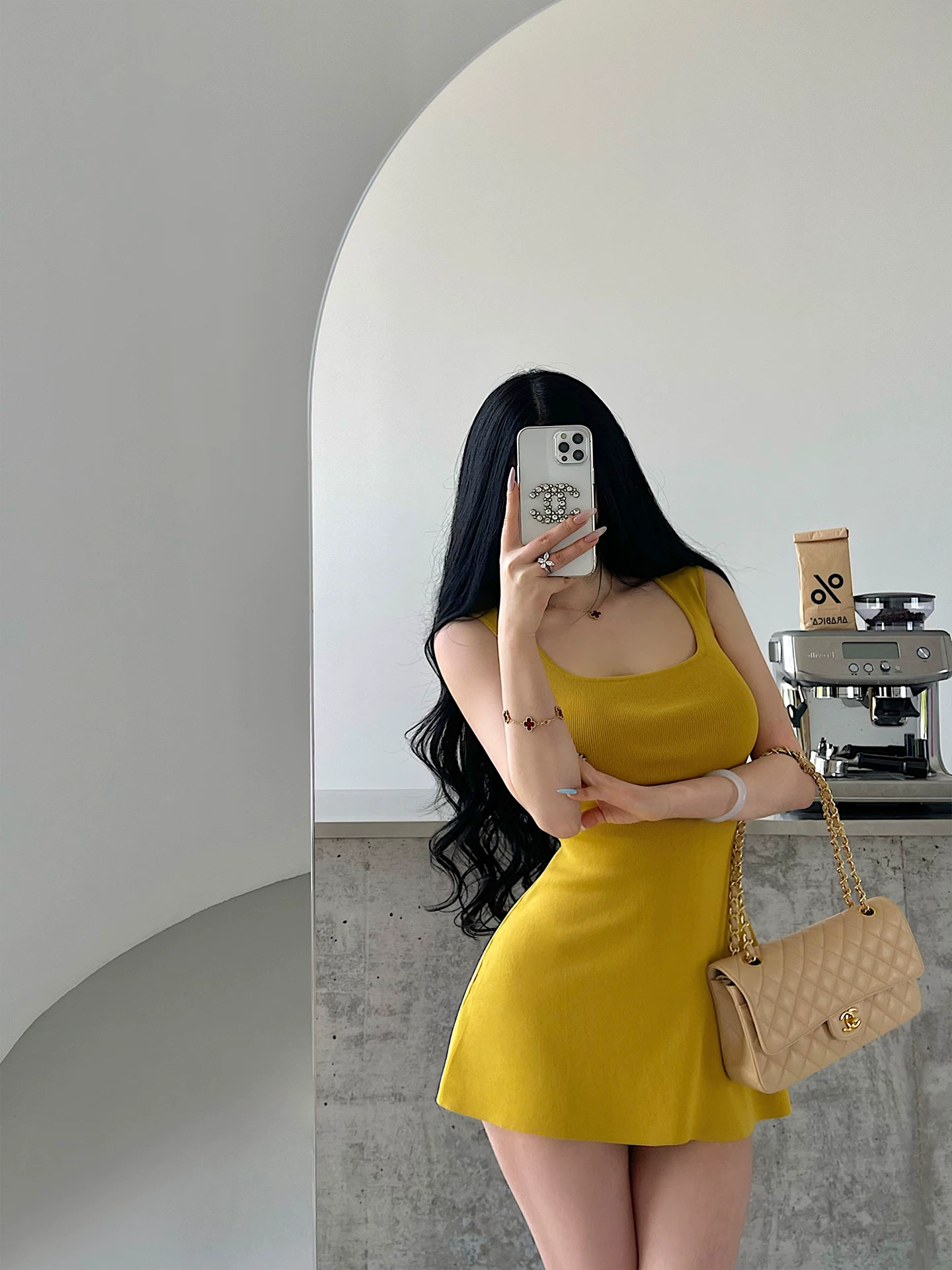 YoungGirlDay khao khát thuần khiết gợi cảm cổ chữ U ôm eo giảm béo khoét eo Váy dệt kim chữ A váy ngắn