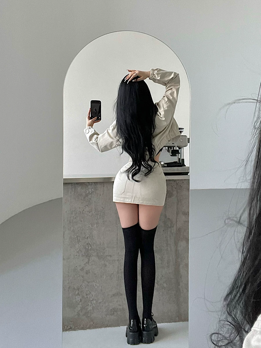 YoungGirlDay Yi Mengling phong cách áo khoác có khóa kéo ve áo, bộ đồ công sở ôm sát eo cao, bộ váy ngắn hợp thời trang