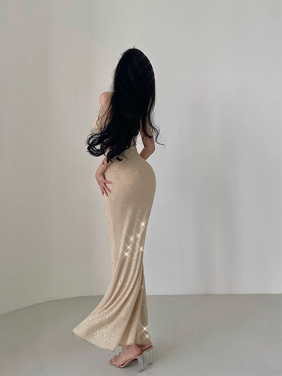 Váy dài ôm sát kiểu Kardashian đính đá pha lê, chất liệu lưới, gợi cảm, kiểu đuôi cá, dành cho kỳ nghỉ.