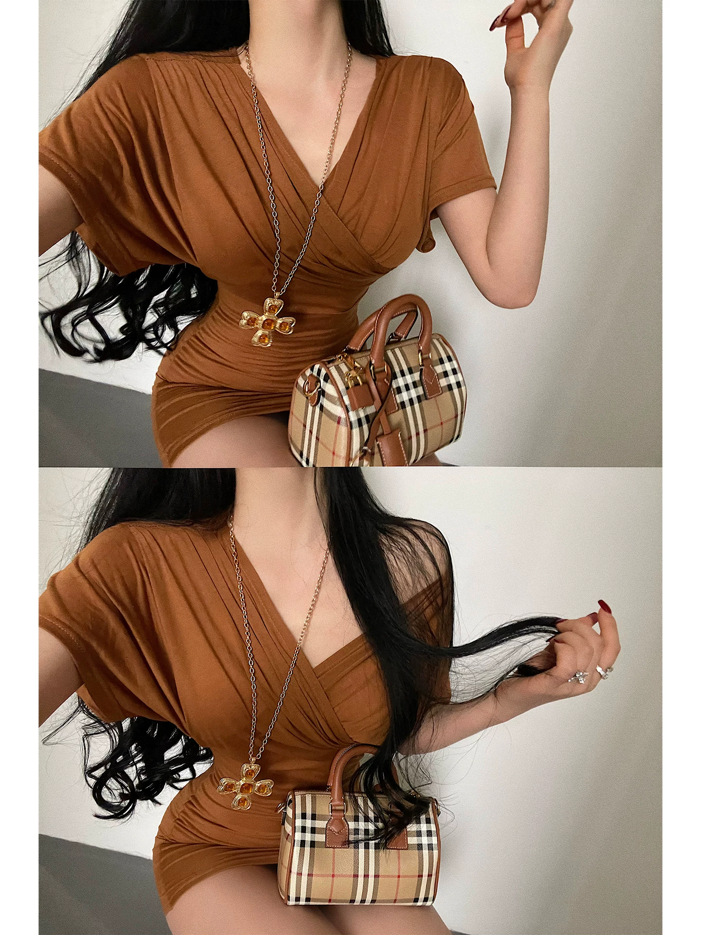 YoungGirlDay Pure Desire Phong cách lười biếng Cổ chữ V xếp ly eo gợi cảm Váy ngắn tay ôm sát Váy ngắn