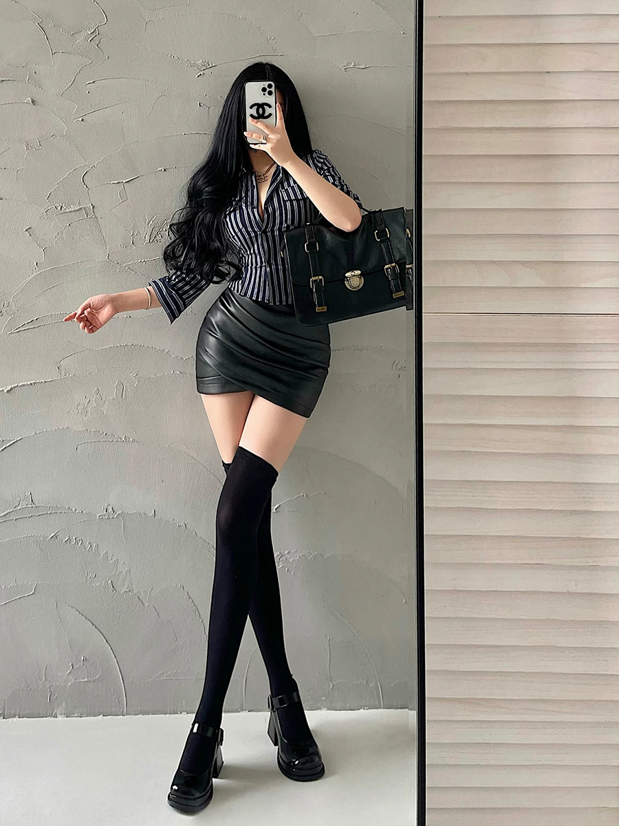 YoungGirlDay hot girl áo sơ mi dài tay sọc dọc thời trang có cổ, dáng ôm vừa vặn, sọc dọc, dành cho nữ