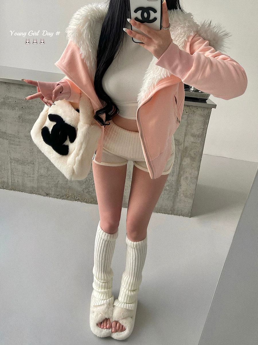 YoungGirlDay khao khát thuần khiết cô gái ngọt ngào có mũ trùm đầu cổ lông có khóa kéo lót lông cừu dày bên trong áo nỉ áo khoác cotton