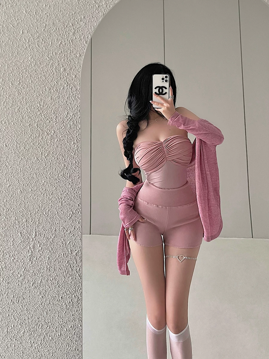YoungGirlDay Pure Desire gợi cảm áo ống có đệm lót tay dài áo cardigan dài tay cạp cao xếp nếp quần short