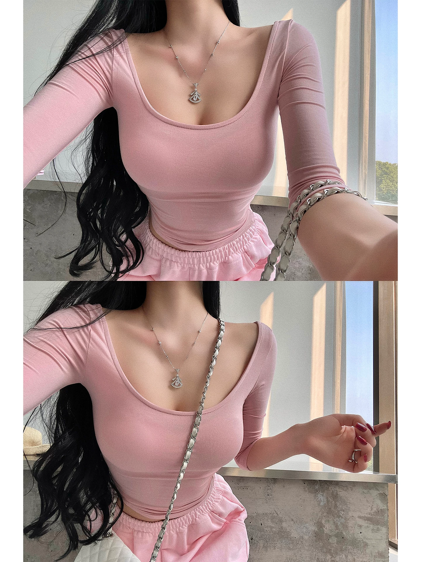 YoungGirlDay phong cách cơ bản thuần khiết quyến rũ, cổ chữ U lớn, vừa vặn, màu trơn, co giãn, đa năng, áo thun tay ba phần tư