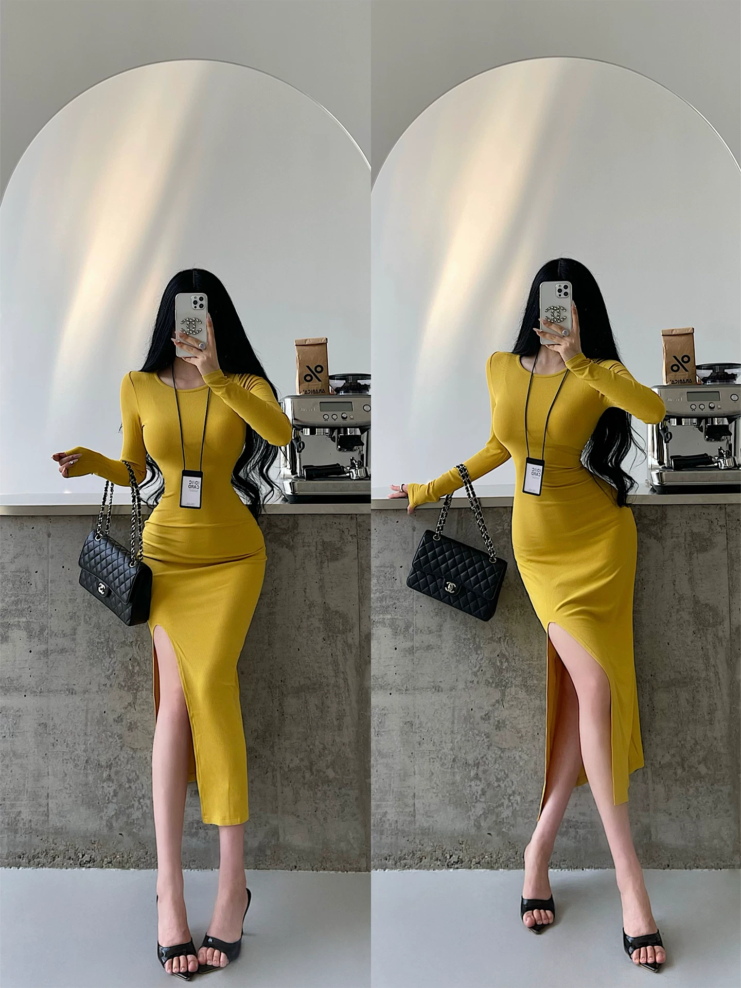 YoungGirlDay Kardashian Váy ôm sát cổ tròn gợi cảm, tay dài, có đường xẻ bên hông, váy dài vừa phải