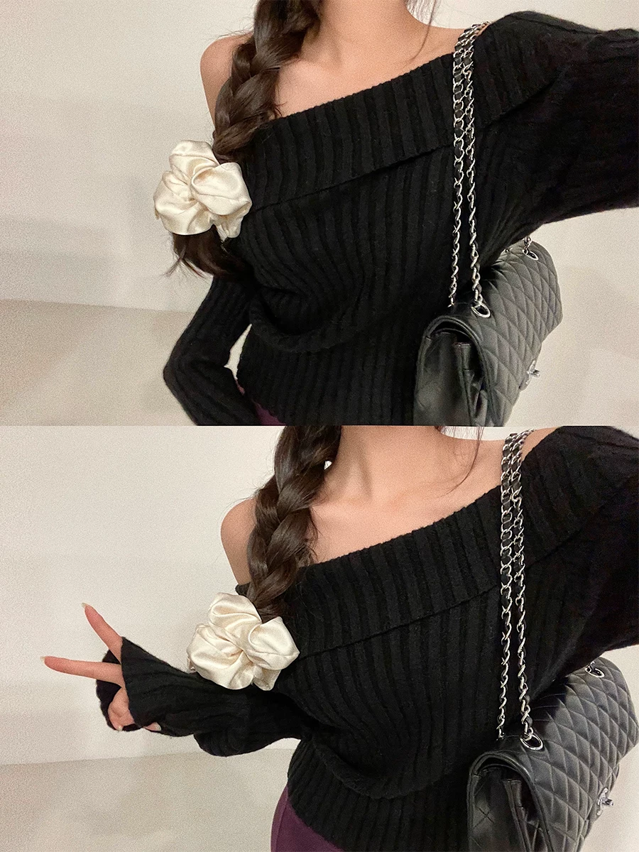 YoungGirlDay thuần khiết gợi cảm áo len dệt kim dài tay ôm sát vai gợi cảm áo len dệt kim dài tay