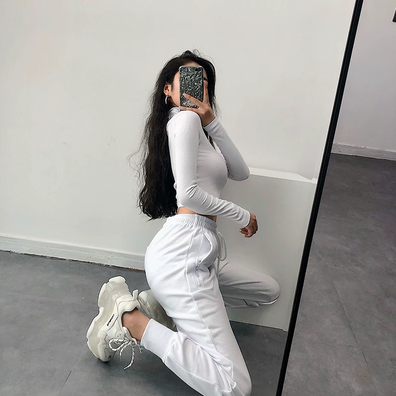 YoungGirlDay Phong cách châu Âu và Mỹ thời trang đường phố màu trơn quần harem cạp cao đa năng quần jogger quần dài