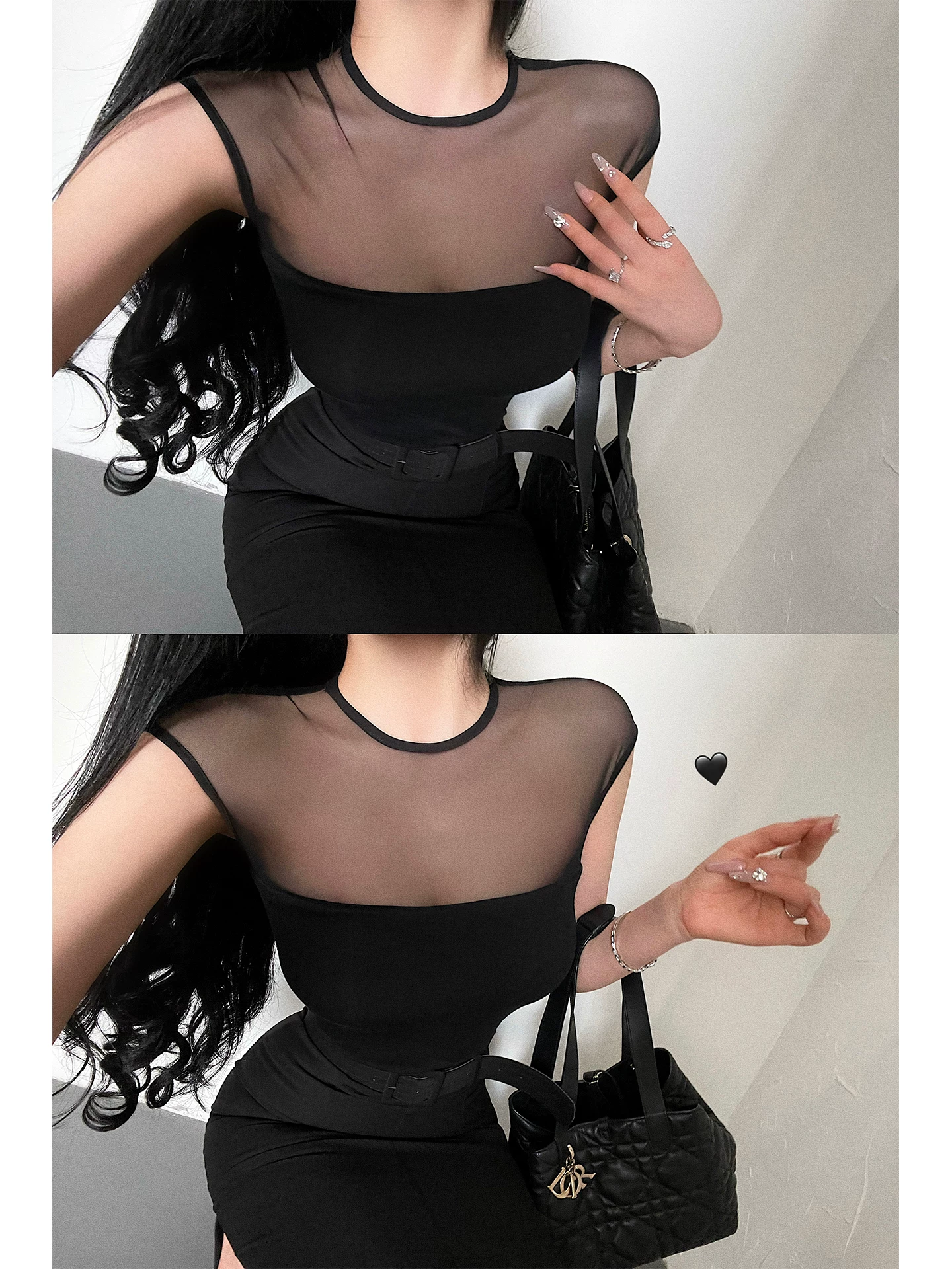 Áo lưới chắp vá YoungGirlDay có miếng đệm ngực, bộ váy ôm hông dài vừa phải kèm thắt lưng