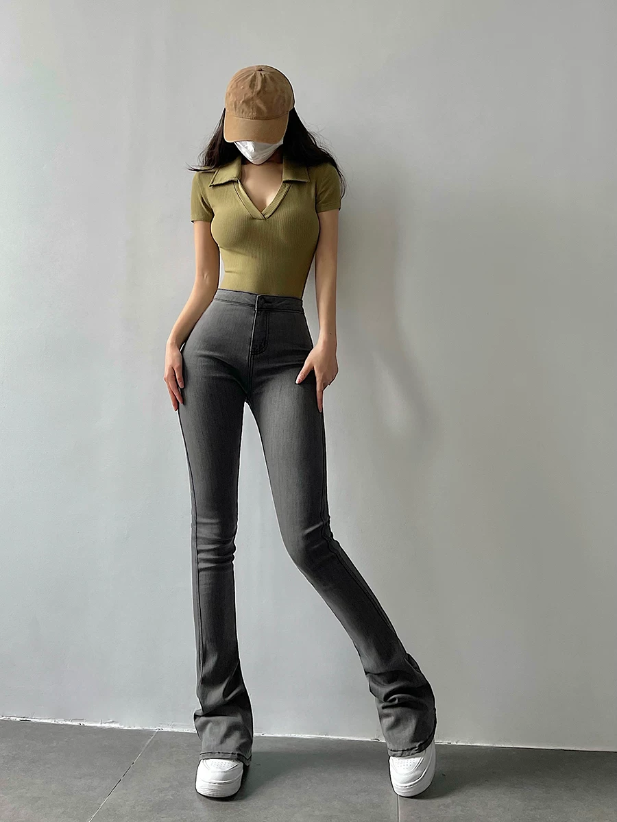 Quần jeans ống loe cạp cao kiểu Âu Mỹ YoungGirlDay, ôm dáng, tôn chân dài, dài đến gót chân.