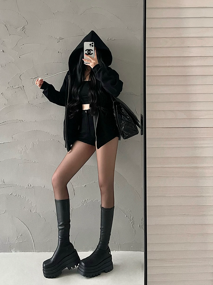 YoungGirlDay Phong cách đường phố châu Âu và Mỹ, áo khoác thể thao có dây kéo, có mũ trùm đầu, lót lông cừu, dày dặn, phong cách thể thao thông thường