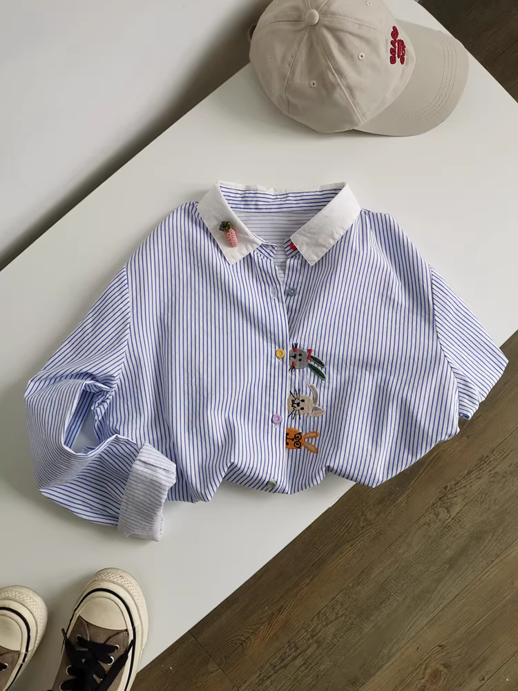 Áo sơ mi thêu sọc xanh tươi, rất sành điệu và đa năng! Áo sơ mi sọc dọc cotton nguyên chất dành cho nữ.