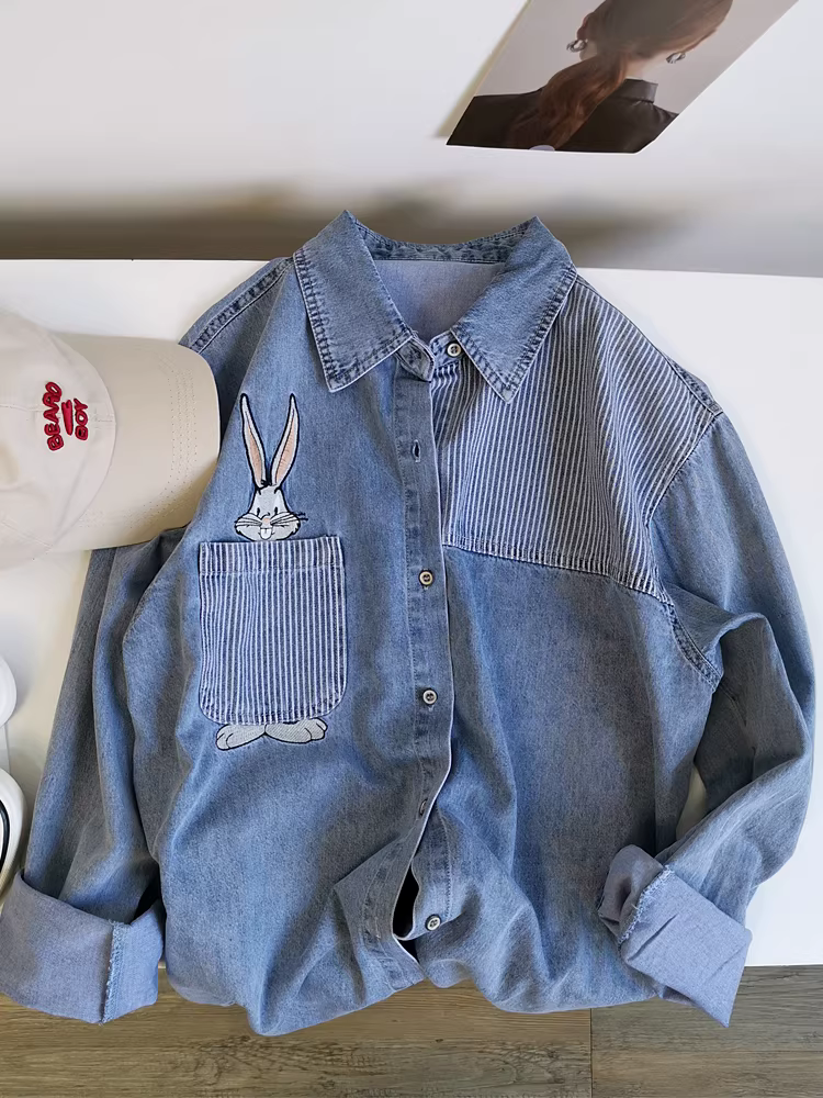 Áo sơ mi denim nhiều lớp dành cho nữ, thiết kế mùa xuân giảm tuổi tác, phong cách Hồng Kông độc đáo, áo khoác dài tay thêu cổ điển sang trọng