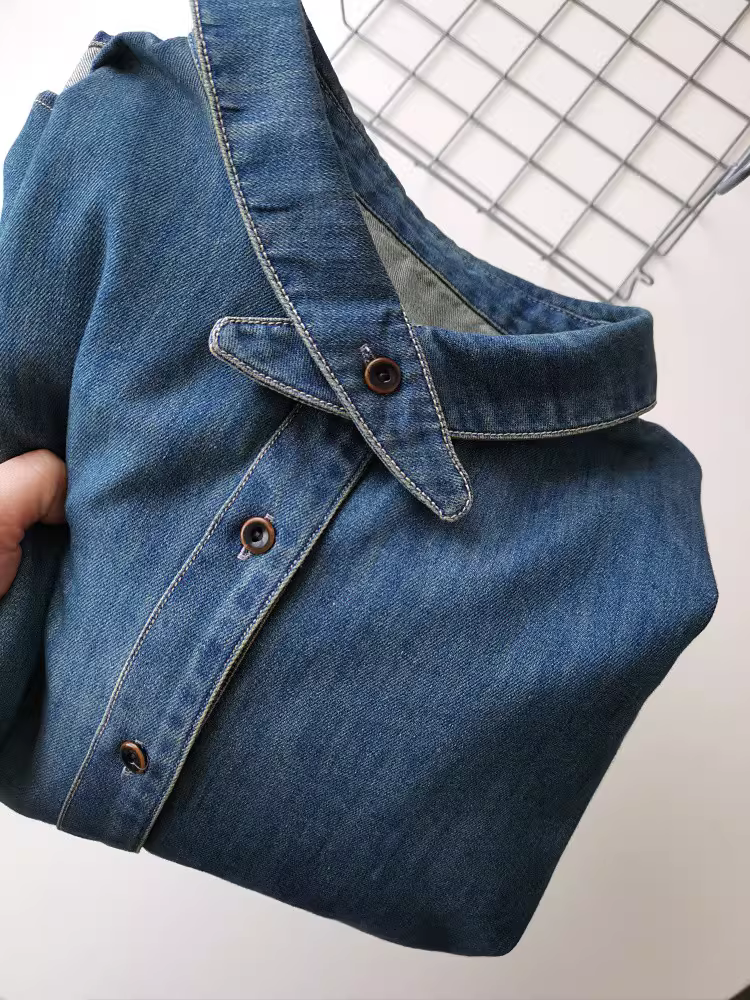 Áo sơ mi nữ cotton nguyên chất tay dài xếp lớp dáng rộng chất denim mềm cổ nhỏ kiểu Hàn Quốc mới bộ sưu tập thu 2025