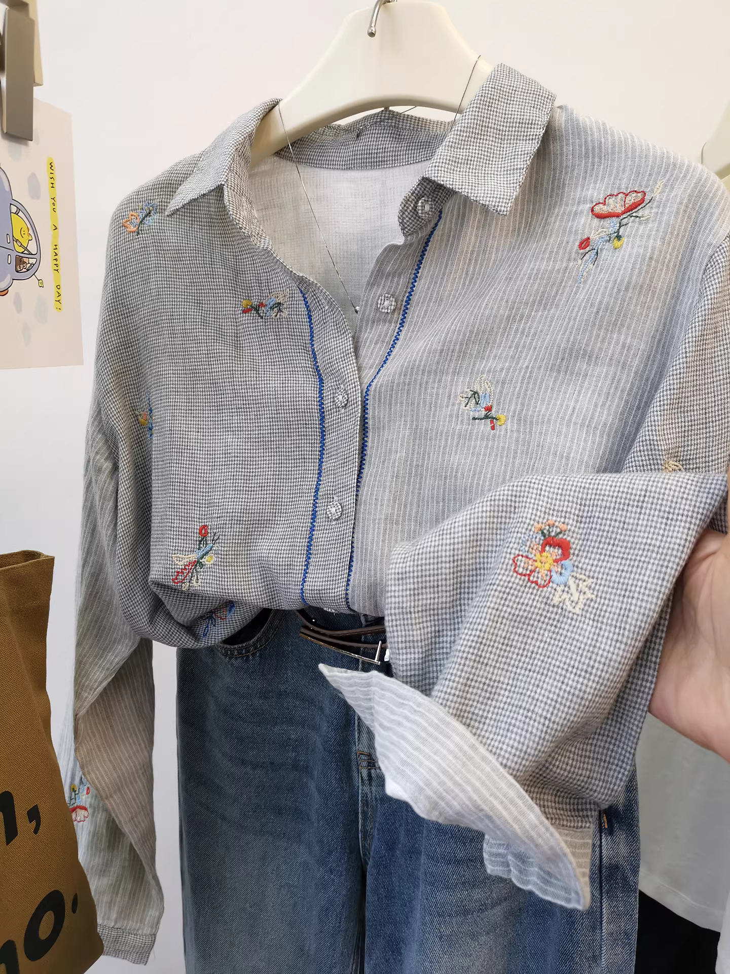 Áo sơ mi màu xám gạc hai lớp có họa tiết houndstooth, siêu mềm mại và thoải mái, áo sơ mi thêu dáng rộng đa năng dành cho nữ