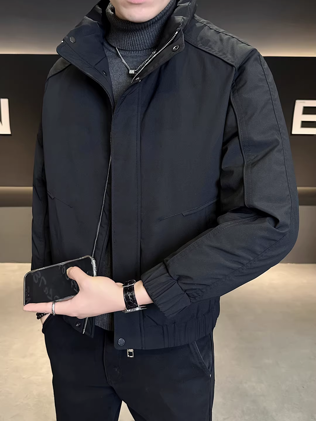 Áo khoác nam kiểu dáng công sở, cổ đứng, mùa đông 2025 mẫu mới, chất lượng cao, dày dặn, ấm áp, chống lạnh, kiểu dáng ngắn.