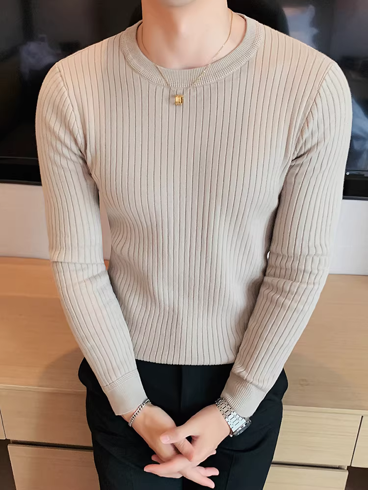 Áo len cổ tròn nam, áo len dệt kim sọc dày dặn phong cách Hàn Quốc, áo sơ mi dài tay đa năng, hợp thời trang, kiểu dáng đơn giản