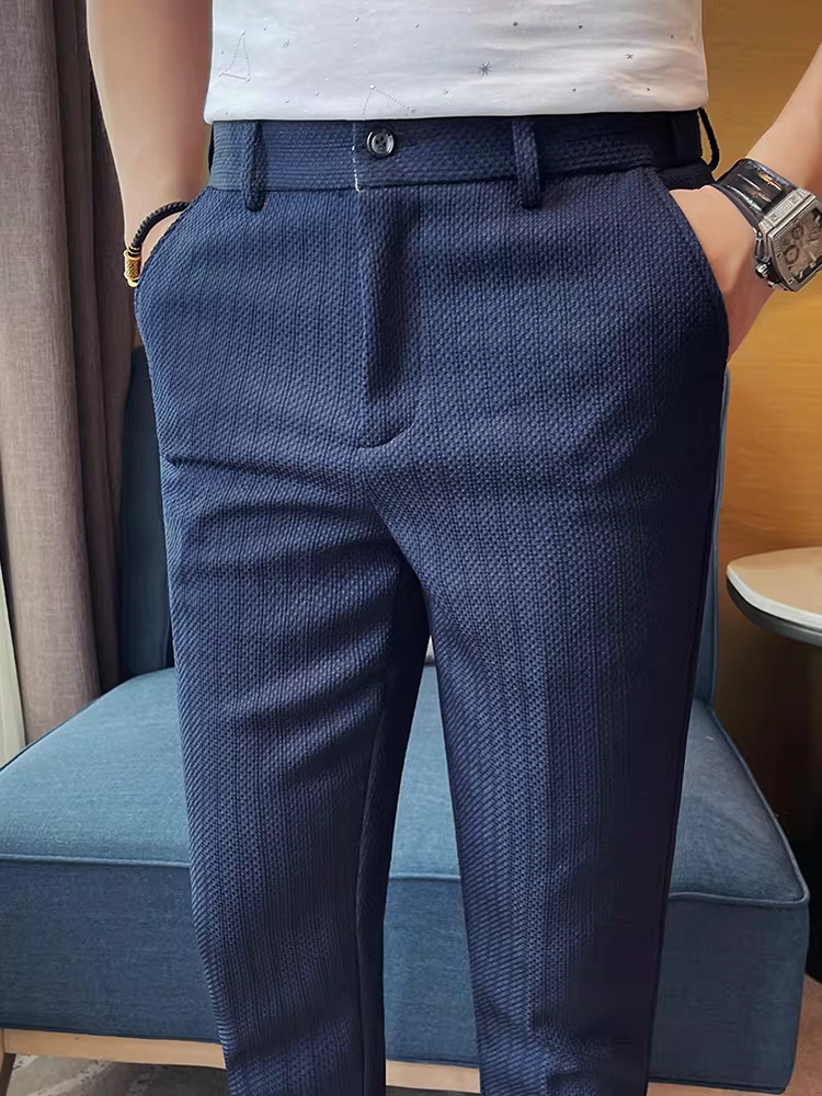 Quần âu nam lưng thun, kiểu dáng chín phần, chất liệu mỏng mùa xuân hè, thời trang và cao cấp, kiểu dáng ôm body, chống nhăn.