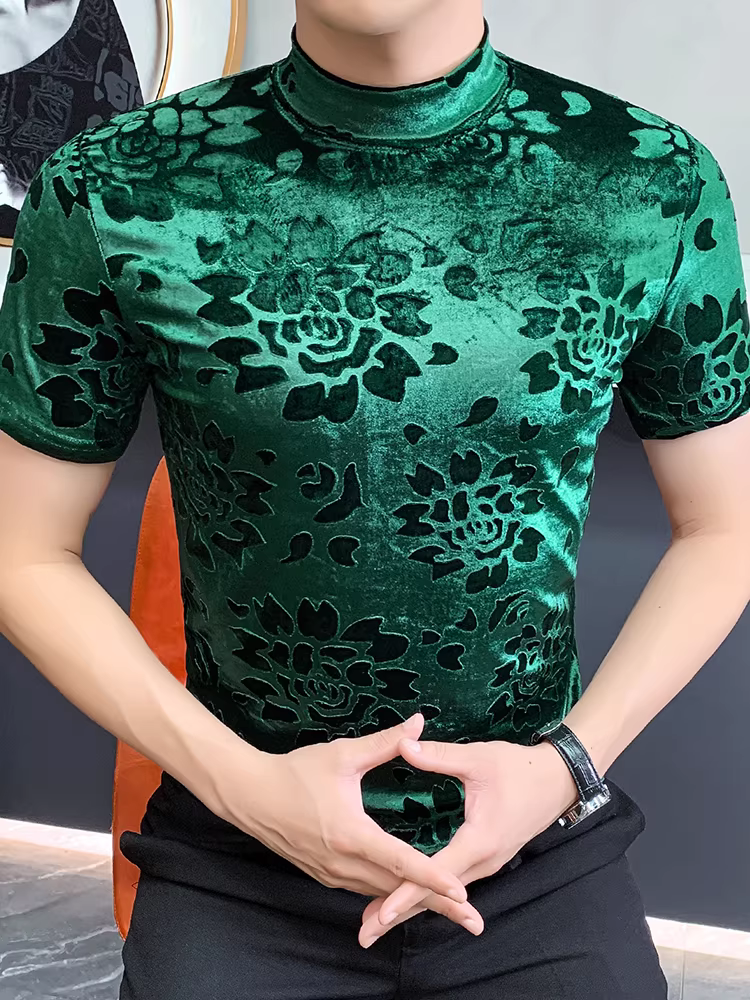 Áo thun nam cổ tròn tay ngắn chất liệu nhung, thời trang thu đông 2025, kiểu dáng ôm body, co giãn, cao cấp