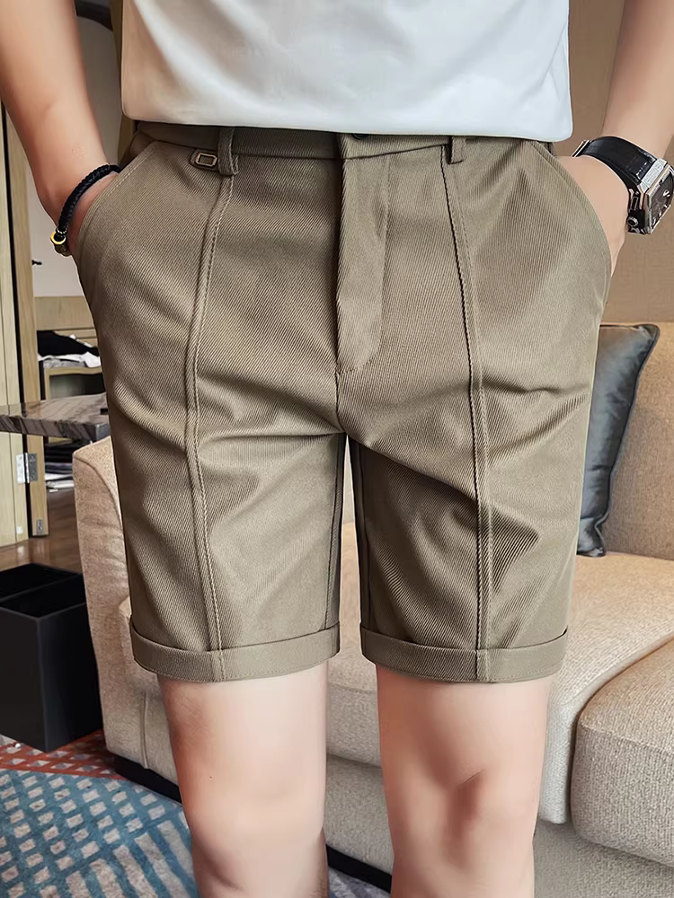 Quần short nam lưng thun bán co giãn, kiểu dáng thời trang mùa hè 2025, đa năng, quần âu công sở, dáng thẳng, dài đến đầu gối