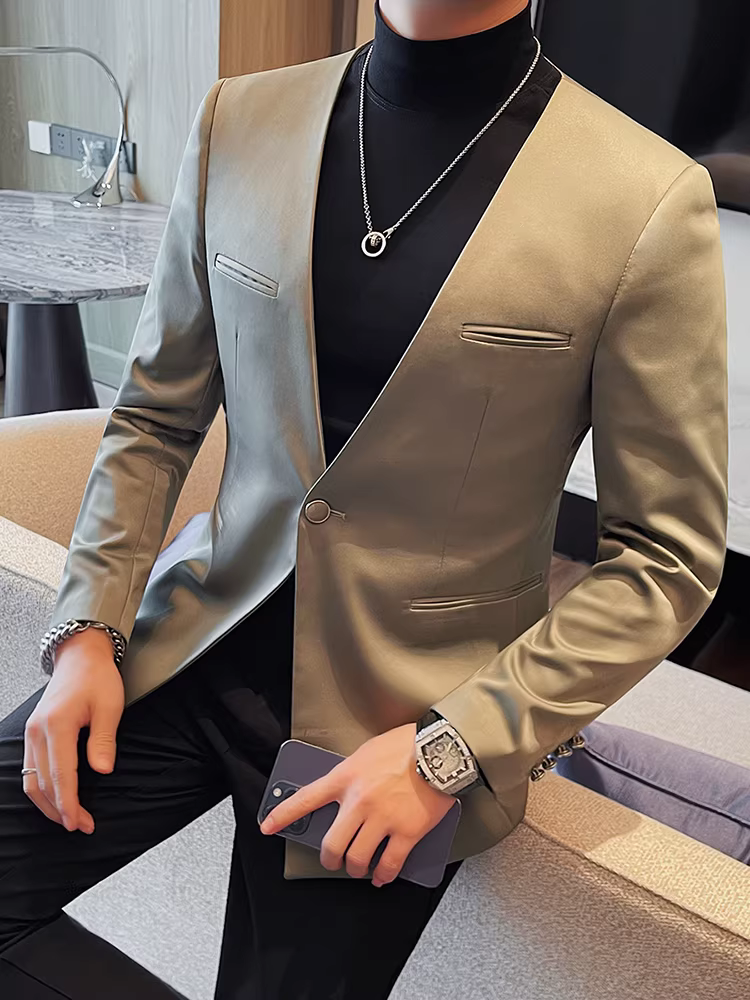 Áo blazer không cổ cao cấp dành cho nam, phong cách công sở giản dị, đa năng, hợp thời trang, ôm dáng, sành điệu, áo khoác vest liền thân