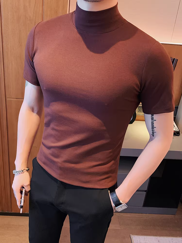 Áo thun ngắn tay cổ cao dành cho nam, đa năng cho mùa xuân thu, phong cách trưởng thành, hợp thời trang, ôm vừa vặn, màu trơn, áo thun nửa tay mát mẻ và sành điệu.