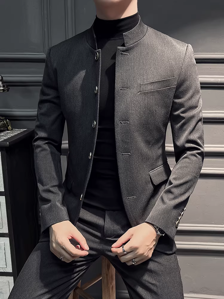 Bộ vest nam kiểu Trung Quốc mới, cổ đứng, nhiều khuy, dáng ôm cao cấp, trang phục công sở lịch lãm, vest chú rể.