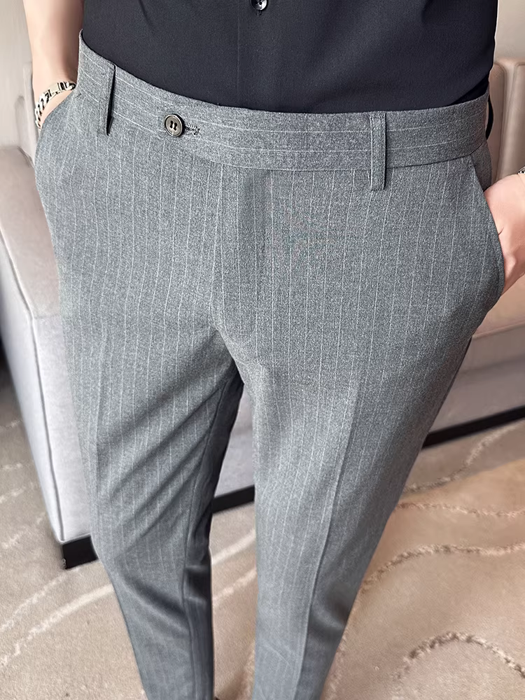 Quần âu nam chín phần, quần kaki kẻ sọc mỏng mùa hè, quần âu kiểu Hàn Quốc thời trang ôm dáng cao cấp lịch lãm