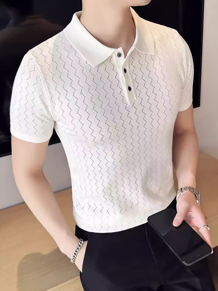Áo polo nam tay ngắn chất liệu lụa đá, thiết kế họa tiết sóng, thoáng mát, mỏng nhẹ, thời trang, chất liệu dệt kim, mùa hè.