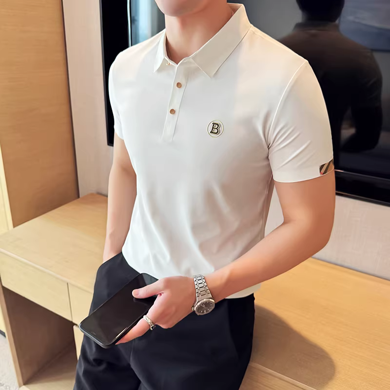 Áo polo nam cao cấp chất liệu lụa đá mềm mại, không đường may, tay ngắn, kiểu dáng thời trang hè mới, ôm body, lịch sự, thích hợp cho công sở.