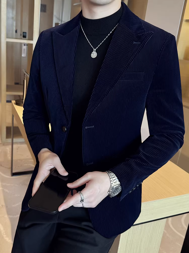 Áo blazer kẻ sọc chất liệu corduroy dành cho nam, kiểu dáng mới mùa thu 2025, cao cấp, ôm dáng, lịch sự, dễ chăm sóc.