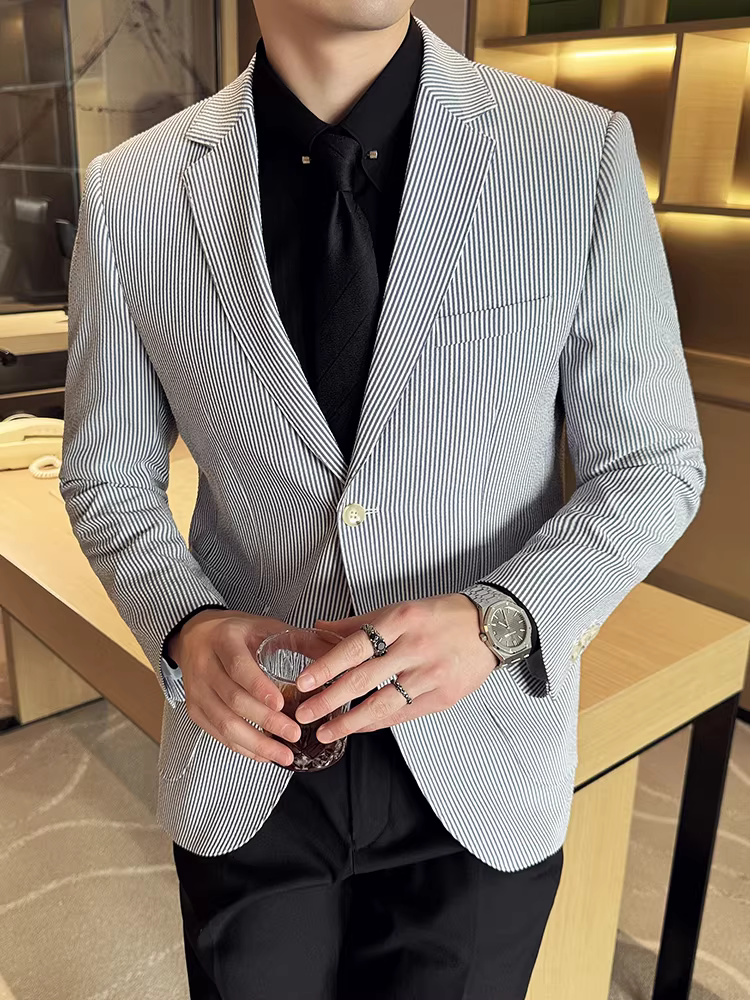 Áo blazer kẻ sọc seersucker dành cho nam, chất liệu nhẹ, thích hợp cho mùa xuân và mùa hè, phong cách công sở lịch sự, đa năng, thời trang, kiểu dáng ôm sát, phong cách Anh quốc.