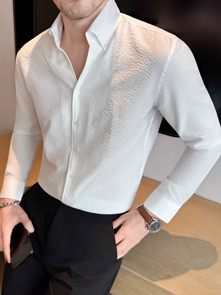 Áo sơ mi nam cổ V kiểu Pháp, tay dài, thời trang thu đông 2025, phong cách công sở lịch lãm, đa năng, không nhăn, dễ chăm sóc.