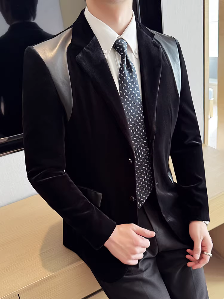 Áo vest nam chất liệu nhung mercerized phối da, kiểu dáng mới xuân 2025, cao cấp, ôm dáng, thời trang, lịch lãm.