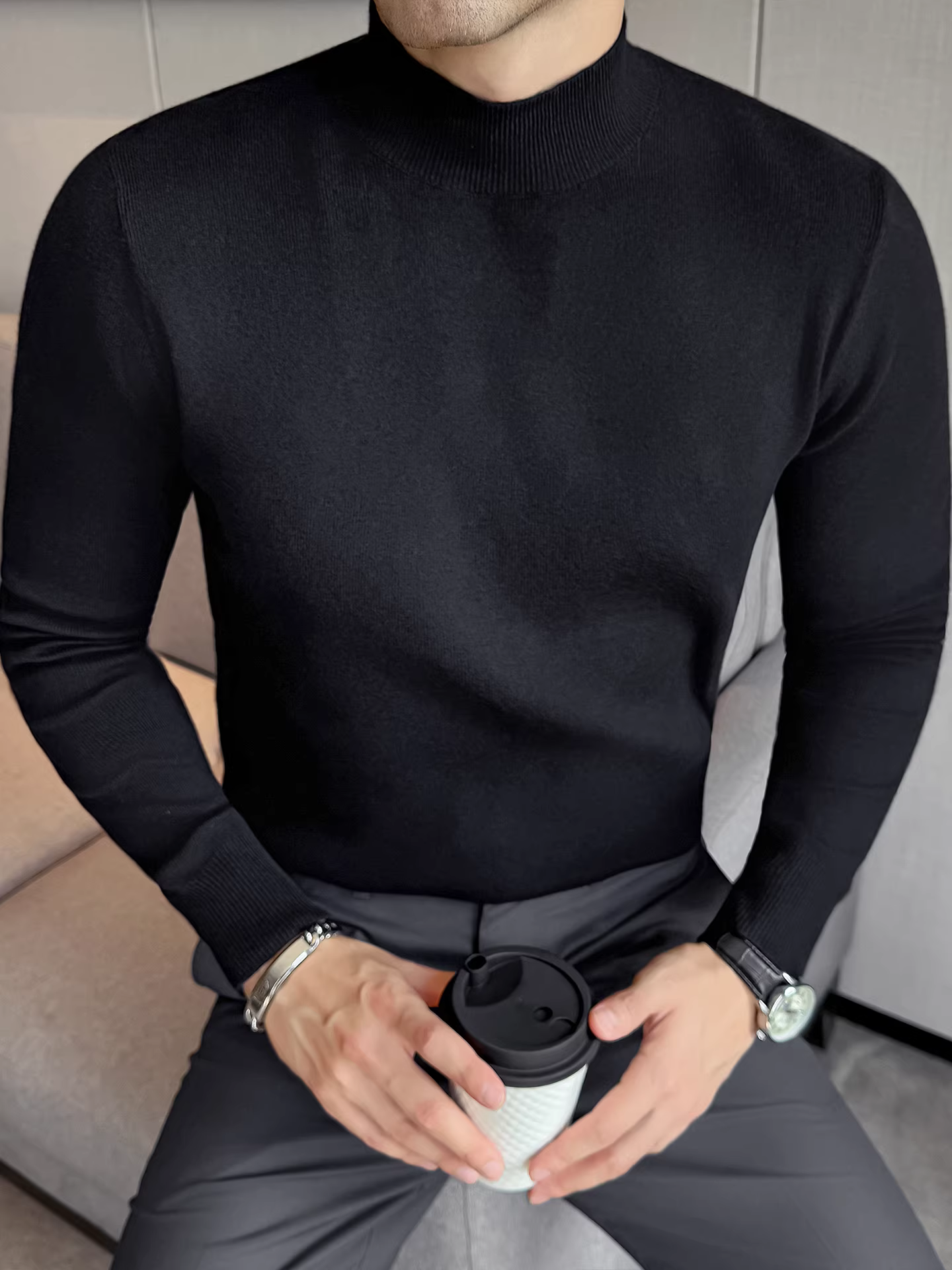 Áo len nam cổ lọ nửa cao, chất liệu len modal, tay dài, kiểu dáng mùa đông mới, thời trang và đa năng, lớp lót dệt kim ấm áp.