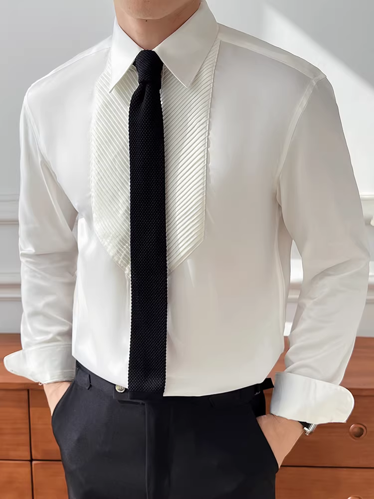 Áo sơ mi xếp ly kiểu Pháp cho nam, dài tay, phong cách Anh, lịch lãm, giản dị, công sở, đa năng, dáng ôm